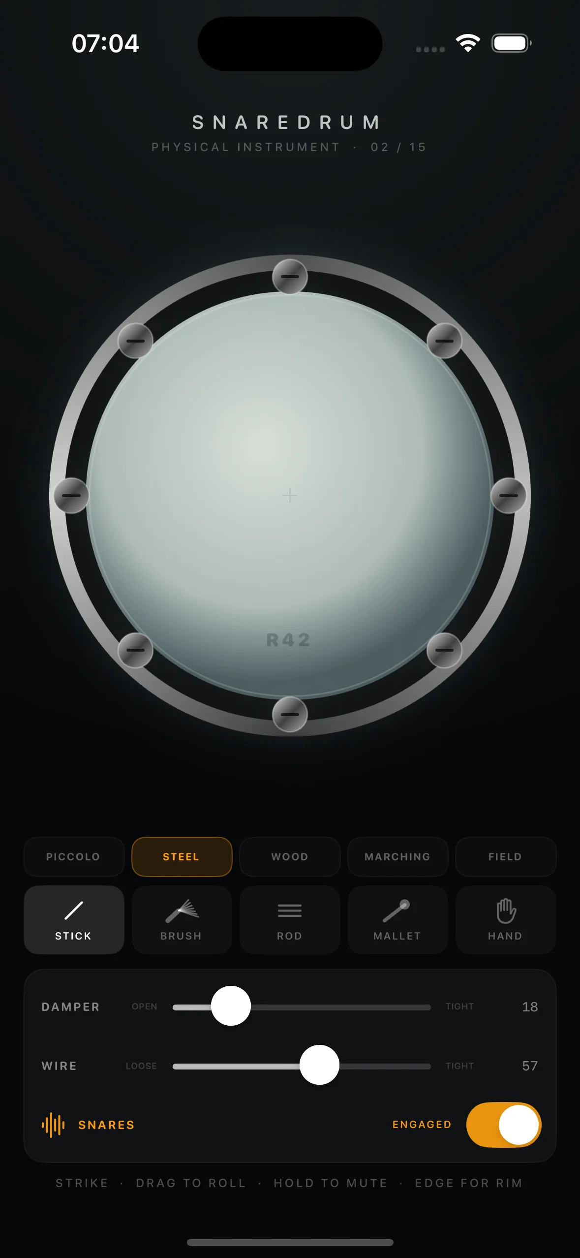 Snaredrum set to the five modeled drum types