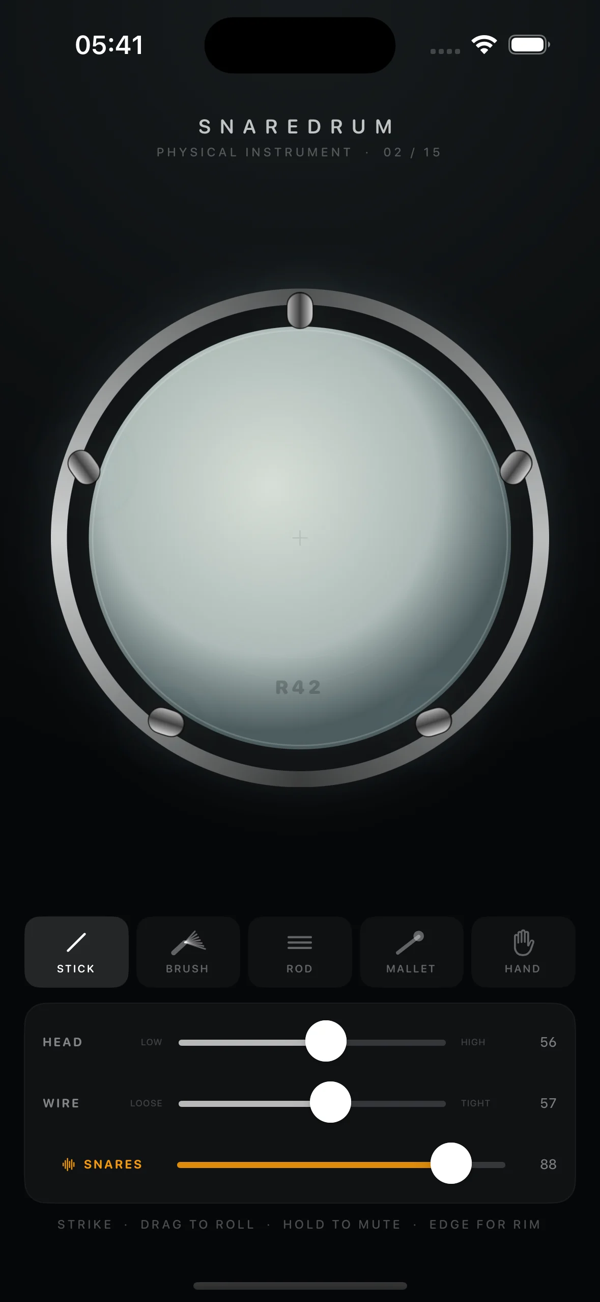 Snaredrum's playable steel drumhead and physical controls on iPhone